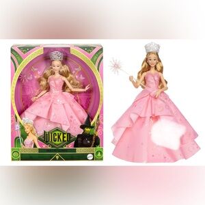 NIB Deluxe Glinda Wicked Mattel Barbie Gown Doll Acessories